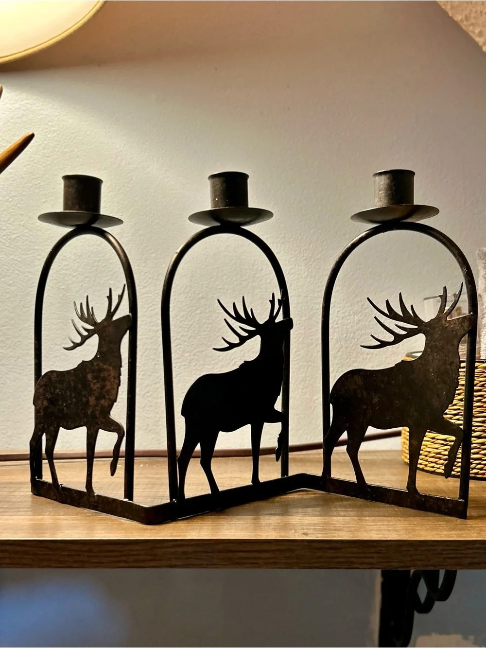 Festive Rustic Metal Cabin Buck Deer Triple Candlestick Holder